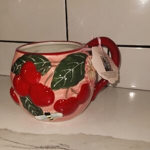 Blue Sky Clayworks Pink Cherries with Bee and Flowers Ceramic Mug NWT